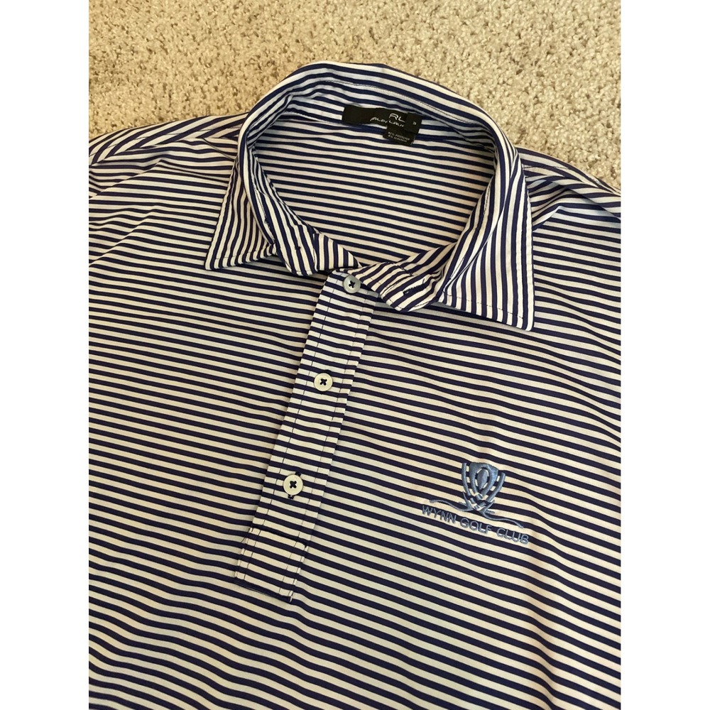 RLX Ralph Lauren Men's Polo Shirt XL Blue White Striped Wynn Golf Club Logo